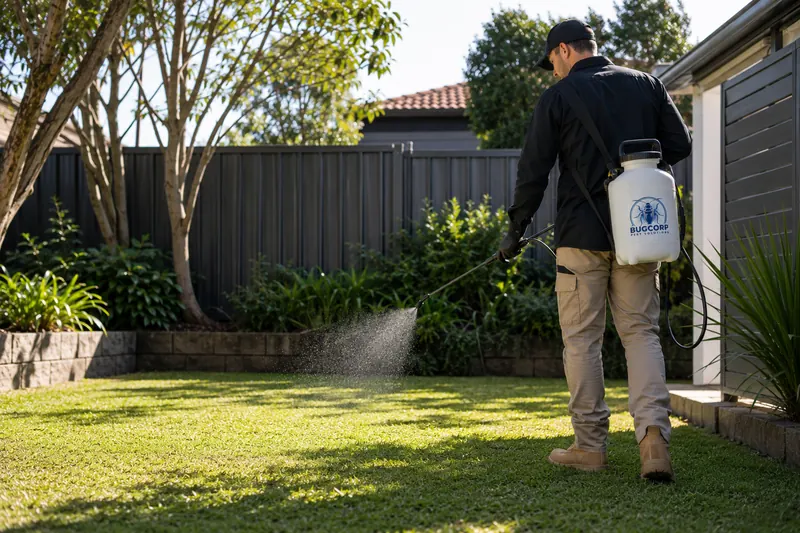 BugCorp technician treating a Sydney backyard for fleas with a targeted outdoor application