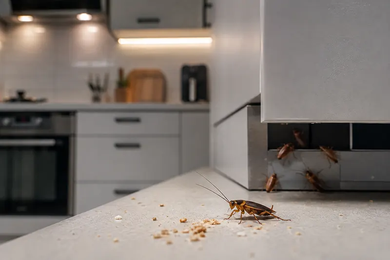 German cockroaches emerging from a kitchen appliance beside food crumbs in a Sydney home